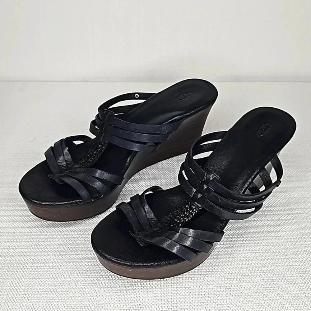 UGG Mattie Black Leather Platform Wedge Stacked Heel Sandal Women's Size 10